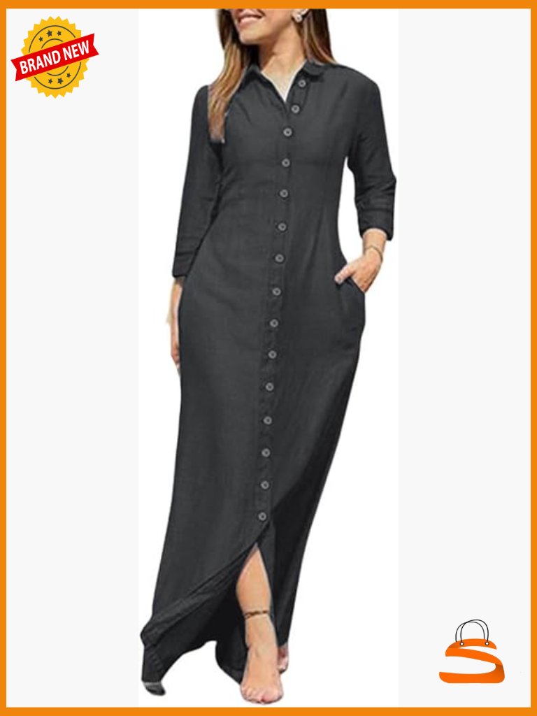 Button Down Denim Maxi Dress With Pockets